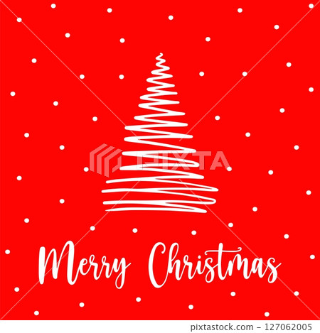 Monochrome postcard with modern Christmas tree design. Hand drawn minimalist Christmas tree on red background. Concept simple monochrome postcard for sending Merry Christmas wishes. Monochrome card 127062005
