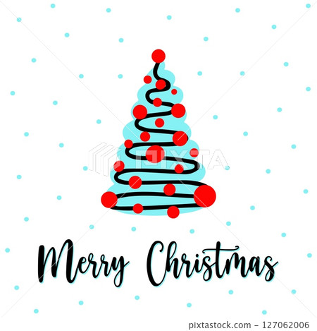 Hand drawn Christmas postcard, doodle tree, snowfall. Cute blue tree with red ornaments, black garland. Concept winter holiday greeting, cheerful Christmas postcard, minimalistic Christmas postcard 127062006
