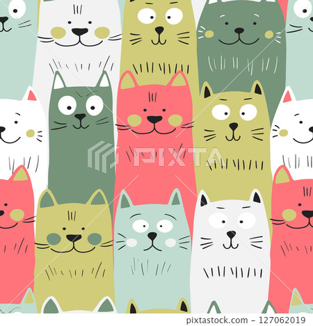 Seamless pattern with cute kitten print. Different scandy cats on color background. Scandinavian style illustration for kids. Vector illustration for fabric, textile, wallpaper, home clothing, pajama Seamless pattern with cute kitten print. Different scandy cats on color background. Scandinavian style illustration for kids. Vector illustration for fabric, textile, wallpaper, home clothing, pajama 127062019