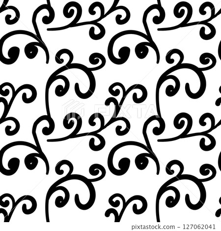 Seamless pattern with Scandy ornament with leaves and flowers. Ethnic floral black and white background. Vector illustration, template doodle hand drawing design for cloth, card, fabric Seamless pattern with Scandy ornament with leaves and flowers. Ethnic floral black and white background. Vector illustration, template doodle hand drawing design for cloth, card, fabric 127062041