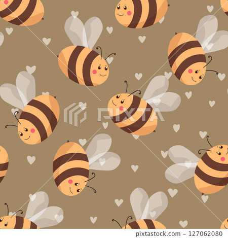 Seamless pattern with bees on color background. Small wasp. Vector illustration. Adorable cartoon character. Template design for invitation, cards, textile, fabric. Doodle style 127062080