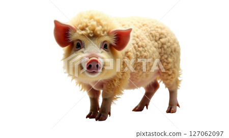A fluffy Mangalitsa pig showcases its curly golden blond coat, resembling a sheep's fleece. This unique pig stands isolated, displaying its charming features. A fluffy Mangalitsa pig showcases its curly golden blond coat, resembling a sheep's fleece. This unique pig stands isolated, displaying its charming features. 127062097