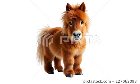 This stocky miniature Shetland pony exhibits a vibrant chestnut coat and fluffy fetlocks, standing confidently on a transparent background. The pony's thick mane adds to its charm. This stocky miniature Shetland pony exhibits a vibrant chestnut coat and fluffy fetlocks, standing confidently on a transparent background. The pony's thick mane adds to its charm. 127062098