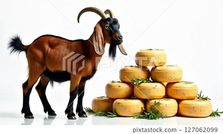A Nubian goat with long floppy ears and a brown coat is seen next to a pyramid of round cheese wheels garnished with herbs. The setting is bright and inviting. 127062099