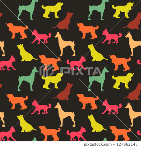 Vector seamless repeating childish pattern with cute dogs, cats in Scandinavian style. Animals background with dog, cat, pets, puppy for invitation, poster, card, flyer, textile, fabric 127062145