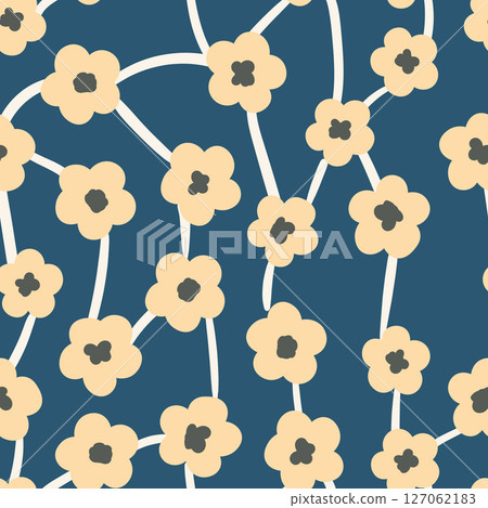 Seamless floral pattern based on traditional folk art ornaments. Colorful flowers on color background. Scandinavian style. Sweden nordic style. Vector illustration. Simple minimalistic pattern 127062183