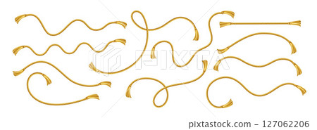 Vector Illustration Background Featuring Realistic Gold Ropes in Various Twisted and Curled Arrangements, Depicting Decorative and Ornamental Rope Shapes, Isolated on a White Background 127062206