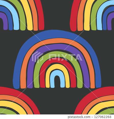 Trendy seamless pattern with colorful rainbow on color background. Design for invitation, poster, card, fabric, textile, fabric. Cute holiday illustration for baby. Scandinavian doodle style Trendy seamless pattern with colorful rainbow on color background. Design for invitation, poster, card, fabric, textile, fabric. Cute holiday illustration for baby. Scandinavian doodle style 127062268