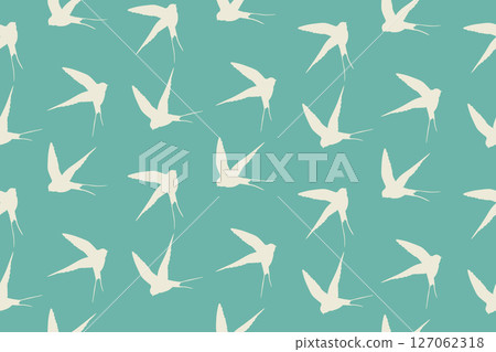 Seamless pattern with swallow silhouette on color background. Cute bird in flight. Vector illustration. Doodle style. Design for invitation, poster, card, fabric, textile Seamless pattern with swallow silhouette on color background. Cute bird in flight. Vector illustration. Doodle style. Design for invitation, poster, card, fabric, textile 127062318
