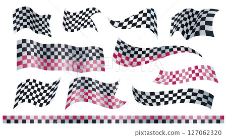 Racing checkered flags set in flat cartoon design. Collection isolated elements of finishing rally competition chequered emblems and lines, crossed white and black print banners. Vector illustration. Racing checkered flags set in flat cartoon design. Collection isolated elements of finishing rally competition chequered emblems and lines, crossed white and black print banners. Vector illustration. 127062320