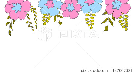 Hello spring banners collection. Background with color leaves, flowers. Nature concept design. Modern floral compositions in trendy flat simple style. Vector illustration for poster, greeting card 127062321