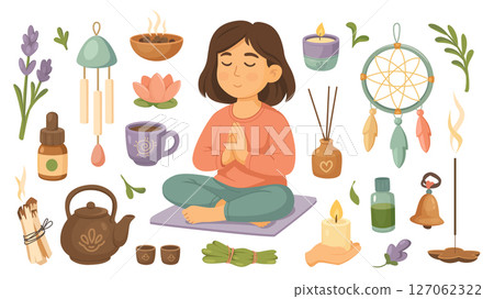 Meditation set in flat cartoon design. Collection isolated elements of woman sitting in lotus asana, lavender twigs, flowers, wind chime, dreamcatcher, aromatherapy tools, more. Vector illustration. 127062322