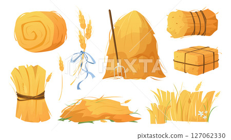 Haystacks set in flat cartoon design. Collection isolated elements of round, square and rolling shapes of hay stacks, straw heaps with pitchfork, ears, wheat or rye dry crop. Vector illustration. 127062330