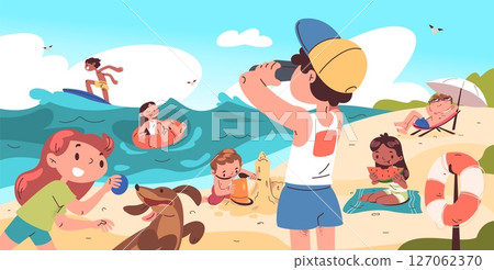 Children playing beach. Kids play in sea sand beach, fun game summer time vacation holiday seaside cartoon landscape boy girl in swimsuit swim in ocean, classy vector illustration Children playing beach. Kids play in sea sand beach, fun game summer time vacation holiday seaside cartoon landscape boy girl in swimsuit swim in ocean, classy vector illustration 127062370