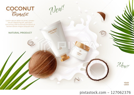 Coconut cosmetic ad. Realistic coco cream product advertising background, oil milk splash lotion gel soap beauty spa poster magazine design template, 3d exact vector illustration 127062376