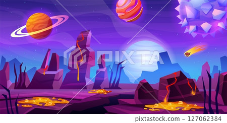 Alien planet surface. Cartoon planets game landscape in outer space background, fantasy earth cosmos 2d videogame universe gaming level astronomy scene, swanky vector illustration Alien planet surface. Cartoon planets game landscape in outer space background, fantasy earth cosmos 2d videogame universe gaming level astronomy scene, swanky vector illustration 127062384