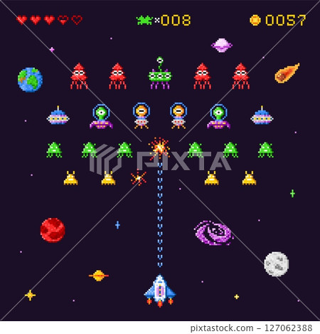 Space invaders game. Spaceship battle retro video game computer vintage arcade machine screen, alien invader ship 8 bit shooting pixel art geek videogame swanky vector illustration Space invaders game. Spaceship battle retro video game computer vintage arcade machine screen, alien invader ship 8 bit shooting pixel art geek videogame swanky vector illustration 127062388