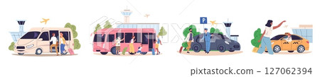Airport transfer. Car van taxi waiting tourist at terminal, bus transport arrive passengers to hotel after plane flight, travel trip ride cab service classy vector illustration 127062394