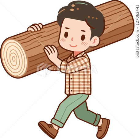 一名男子搬運原木的插圖 127062443
