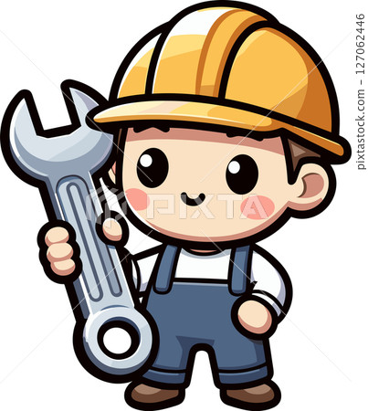 Illustration of a worker holding a wrench 127062446