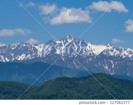Snow-covered Northern Alps mountain range ridgeline Ogawa Village, Nagano Prefecture 127062577