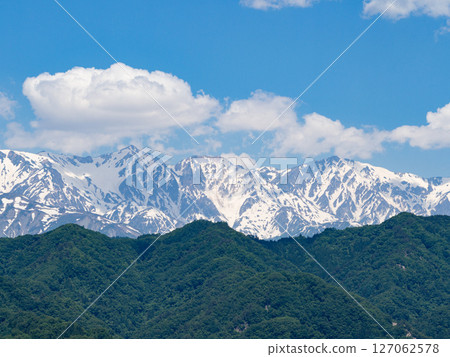 Snow-covered Northern Alps mountain range ridgeline Ogawa Village, Nagano Prefecture 127062578