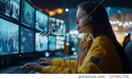 A Woman in a Yellow Jacket Monitors Security Cameras 127062706