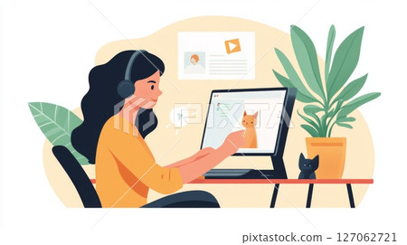 Woman with Headphones Uses Computer for Video Chat with Cat Woman with Headphones Uses Computer for Video Chat with Cat 127062721