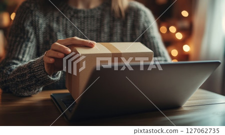 Person holding a cardboard package over a laptop computer 127062735