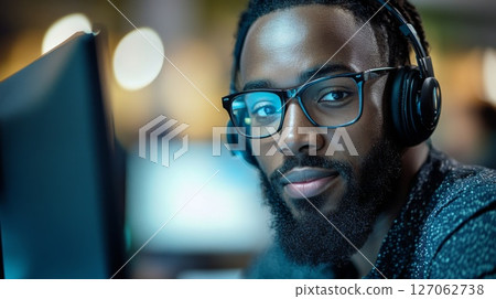 Close-up Portrait of a Bearded Man Wearing Headphones and Glasses Close-up Portrait of a Bearded Man Wearing Headphones and Glasses 127062738