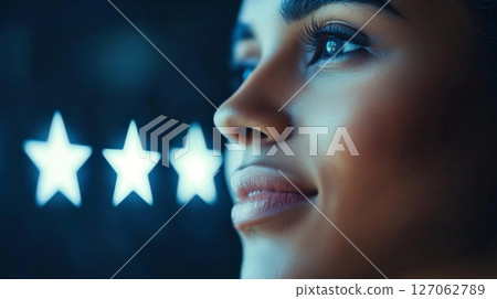 A Close-Up of a Woman's Face with a Soft Smile Against a Blurred Background of Three Stars A Close-Up of a Woman's Face with a Soft Smile Against a Blurred Background of Three Stars 127062789