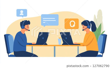 Two Customer Service Representatives Working at Desk 127062790