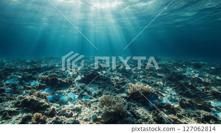 Underwater Ocean Floor Covered in Plastic Waste and Coral Underwater Ocean Floor Covered in Plastic Waste and Coral 127062814