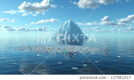 Plastic Pollution Floating in Ocean with Iceberg in the Background 127062817