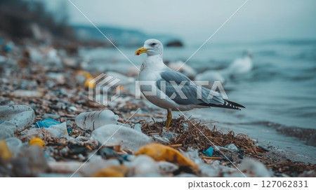 Seagull Standing on a Beach Covered in Plastic Waste 127062831