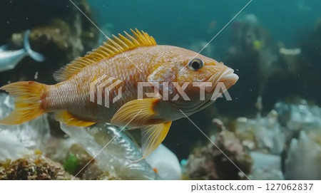 Orange Fish Swimming Through Plastic Pollution in the Ocean 127062837