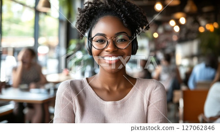 Smiling Woman with Headphones and Glasses in a Cafe 127062846