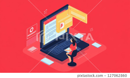 Woman Working on Laptop with Multiple Documents Open 127062860