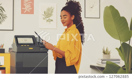 Woman using a touchscreen office copier machine Woman using a touchscreen office copier machine 127062885
