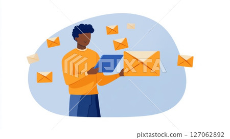 Man Checking Emails on Tablet with Multiple Envelopes Surrounding Him Man Checking Emails on Tablet with Multiple Envelopes Surrounding Him 127062892