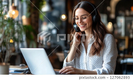 Woman with headphones working on laptop in a cafe Woman with headphones working on laptop in a cafe 127062893