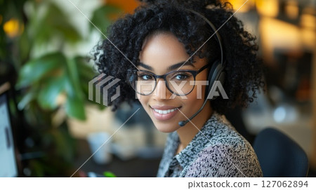 Smiling Black Woman in a Headset and Glasses Smiling Black Woman in a Headset and Glasses 127062894
