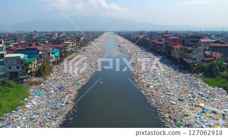 An aerial view of a river heavily polluted with plastic waste,  lined with residential buildings. 127062918