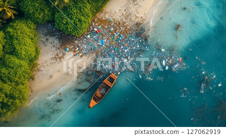 A Small Boat Anchored in a Sea Polluted with Plastic Waste A Small Boat Anchored in a Sea Polluted with Plastic Waste 127062919