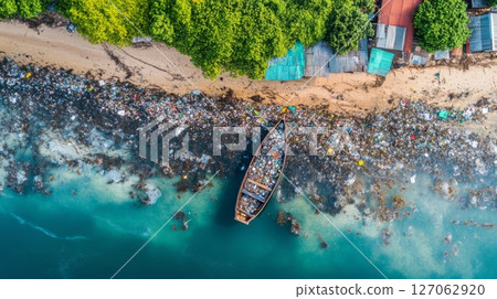 An Aerial View of a Boat Filled with Garbage on a Polluted Beach An Aerial View of a Boat Filled with Garbage on a Polluted Beach 127062920
