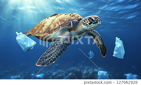 Sea Turtle Swimming Through Plastic Pollution in the Ocean 127062926