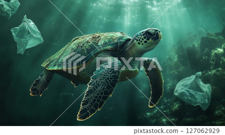 Sea Turtle Swimming Through Plastic Waste in the Ocean Sea Turtle Swimming Through Plastic Waste in the Ocean 127062929