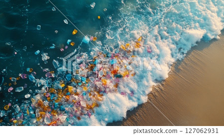 Plastic Pollution Accumulating on a Sandy Beach Plastic Pollution Accumulating on a Sandy Beach 127062931