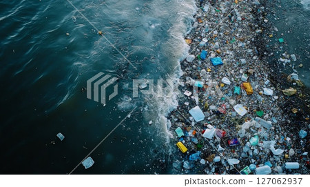 A Shoreline Covered in Plastic Pollution 127062937