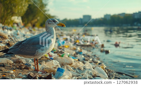 A Seagull Stands Amidst Plastic Pollution on a Shore A Seagull Stands Amidst Plastic Pollution on a Shore 127062938